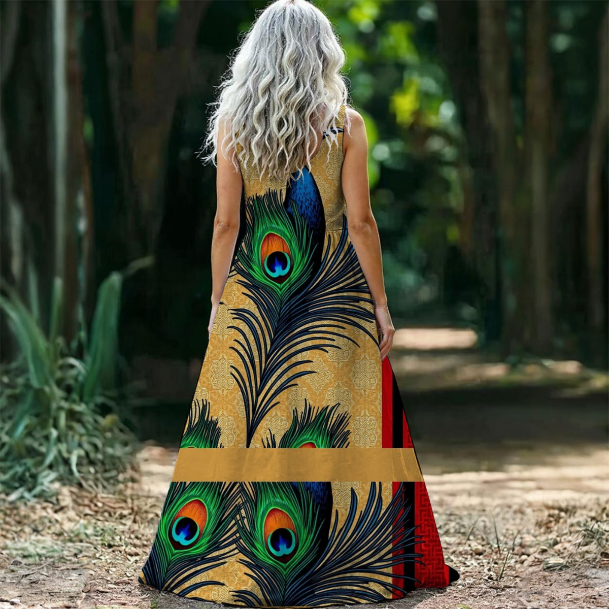 Giore Sleeveless Maxi Dress with Tropical Leaf Print, Lightweight 140G Polyester Fabric for Spring & Summer