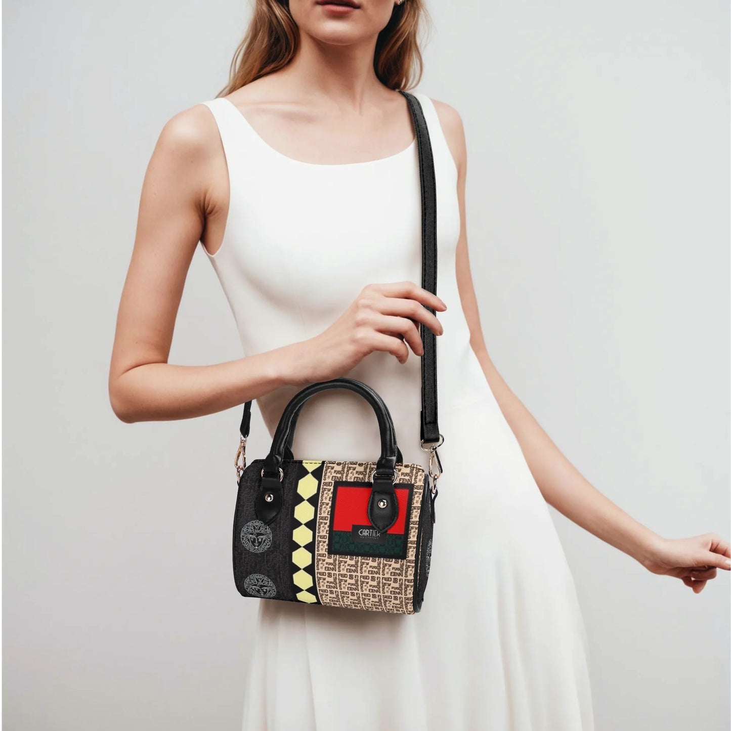 Giore Womens Mini Leather Boston Bag with Patterned Design - Waterproof Shoulder Bag for Daily Use