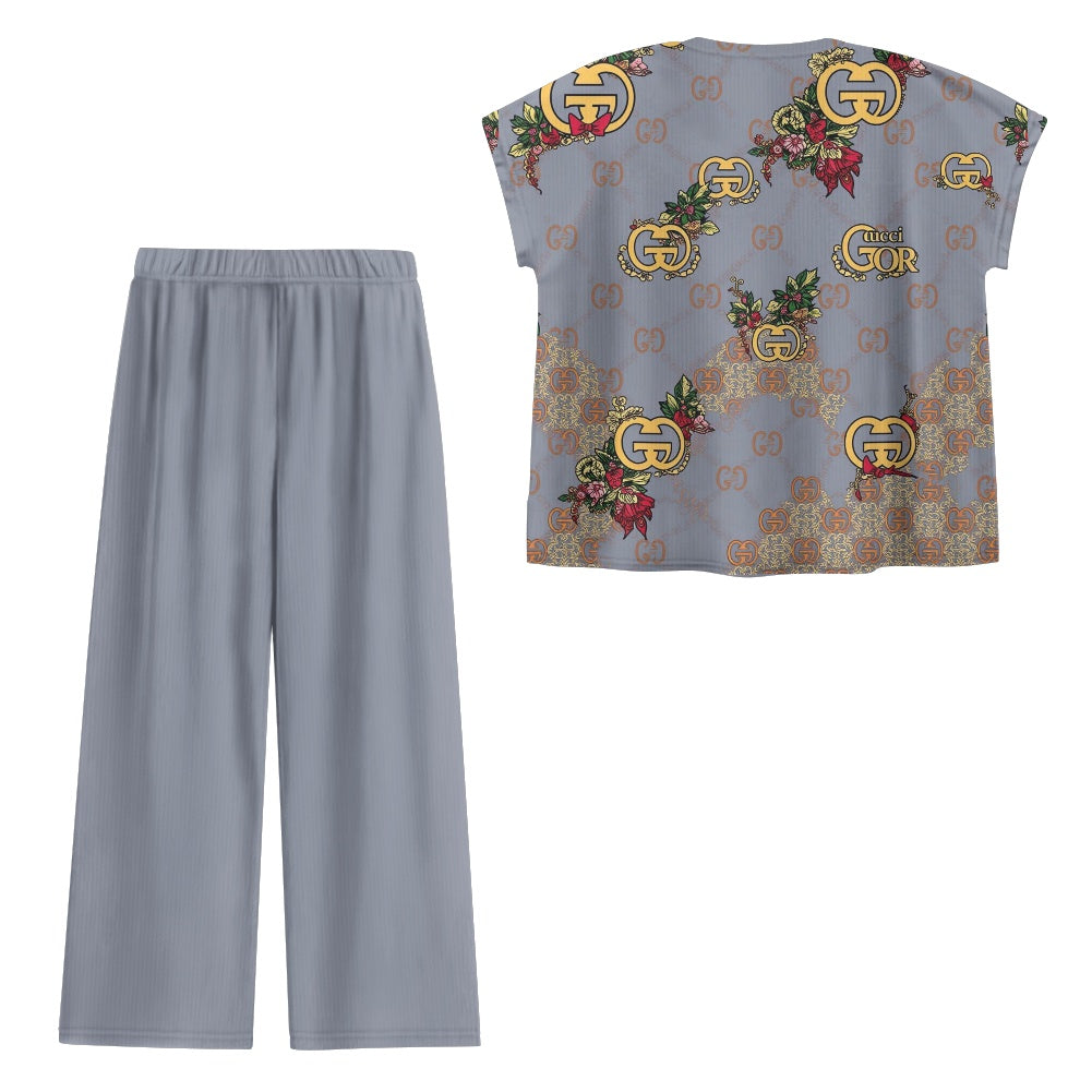 Short-sleeved casual wide-leg pants suit