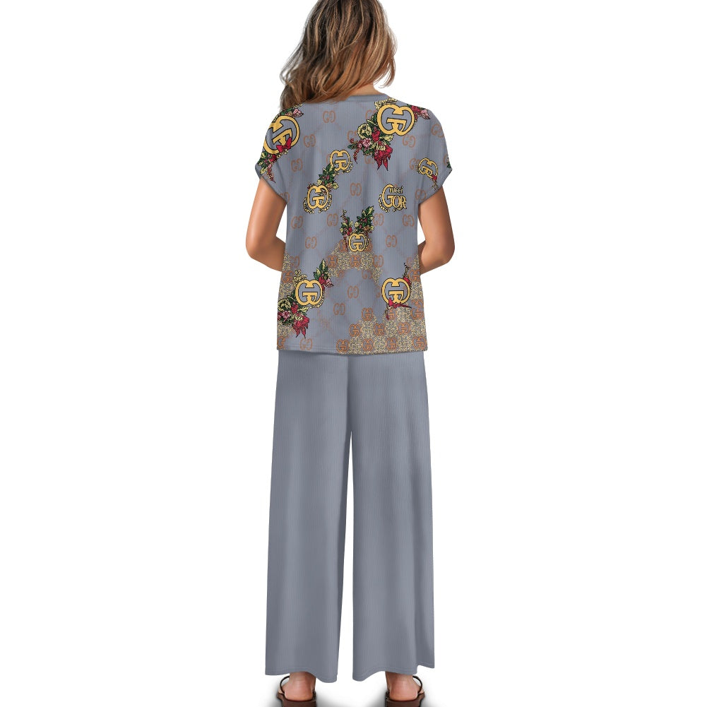 Short-sleeved casual wide-leg pants suit