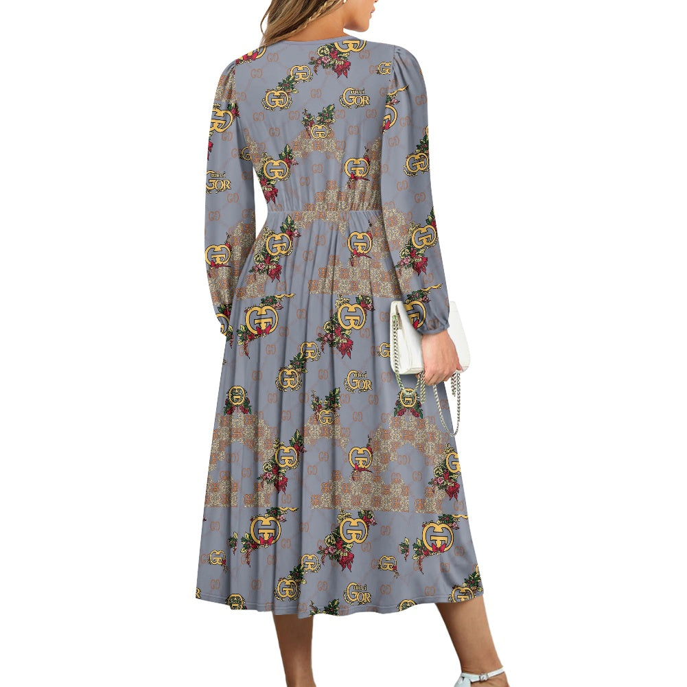 G'iore V-Neck Long Sleeve Tie Waist Midi Dress