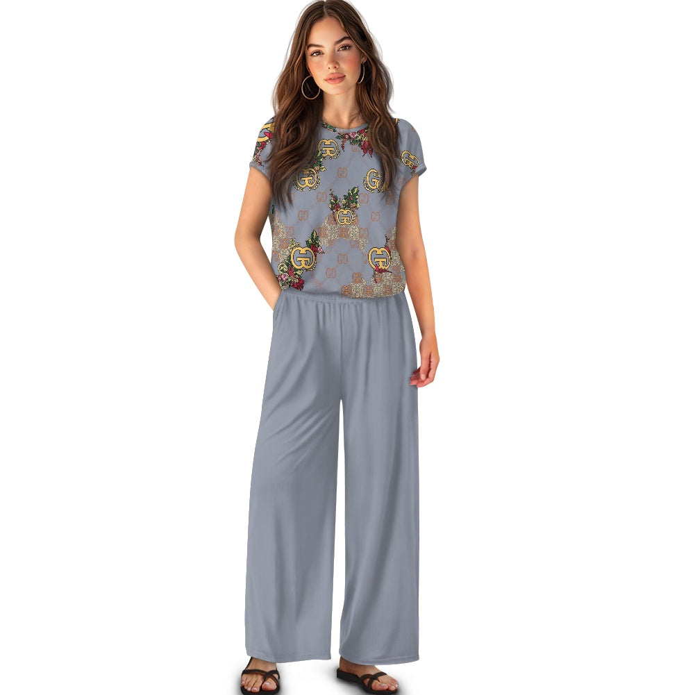 Short-sleeved casual wide-leg pants suit
