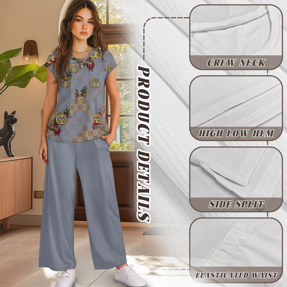 Short-sleeved casual wide-leg pants suit