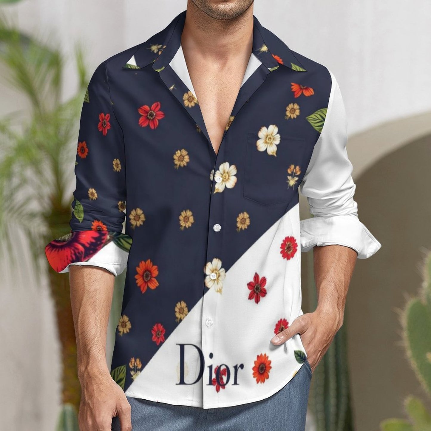 Faux Linen Men Long Sleeve Shirt with Pocket LS (All-Over Printing)