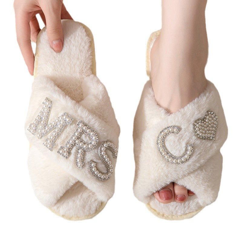MRS Plush Slippers Women's Indoor Home Non-slip Cotton Slippers Fleece-lined Thickened Cross Toe Plush Slippers Autumn And Winter