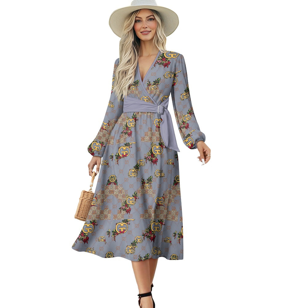 G'iore V-Neck Long Sleeve Tie Waist Midi Dress