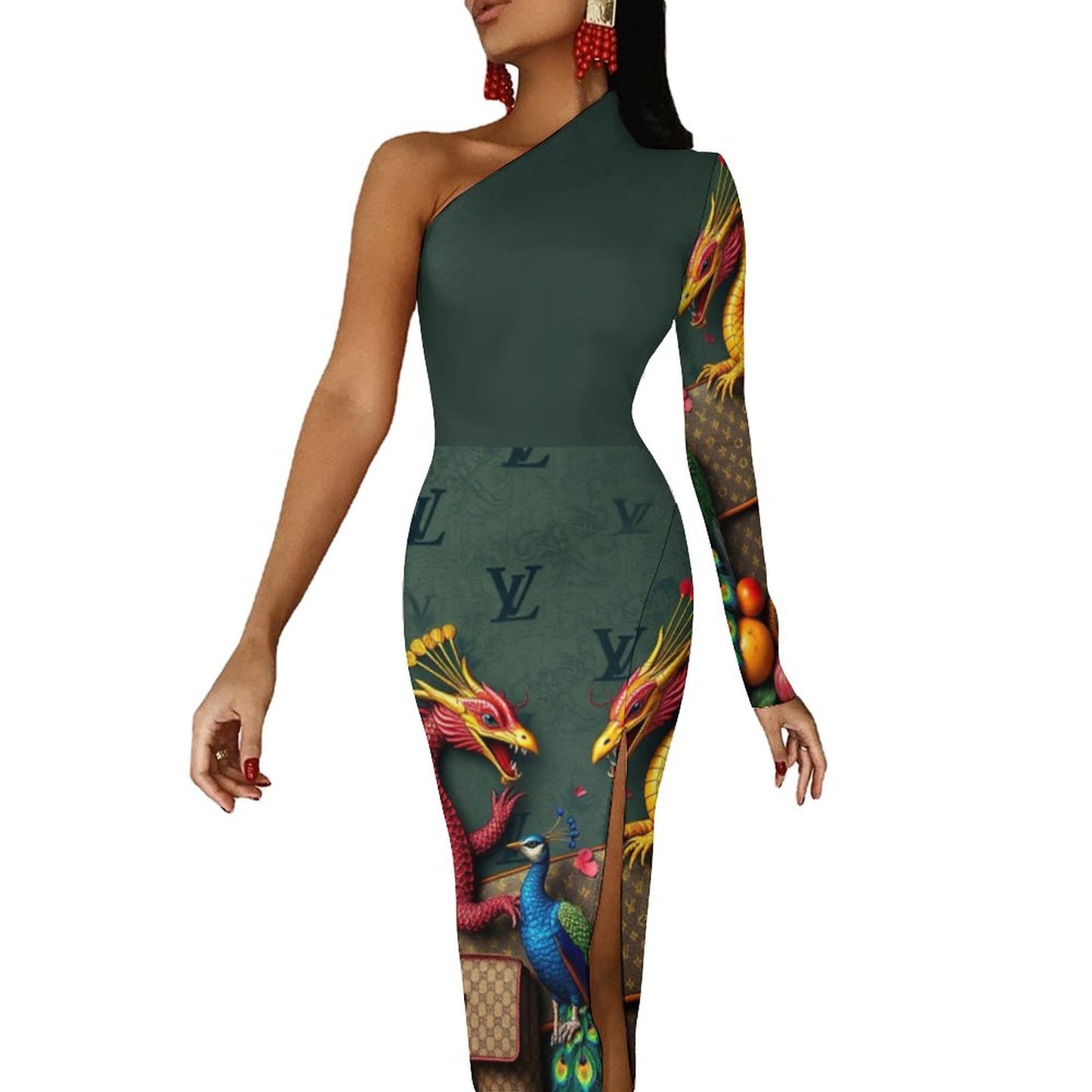Cartii Pea One Shoulder Split Dress