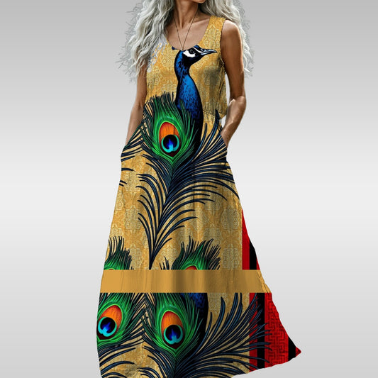 Giore Sleeveless Maxi Dress with Tropical Leaf Print, Lightweight 140G Polyester Fabric for Spring & Summer