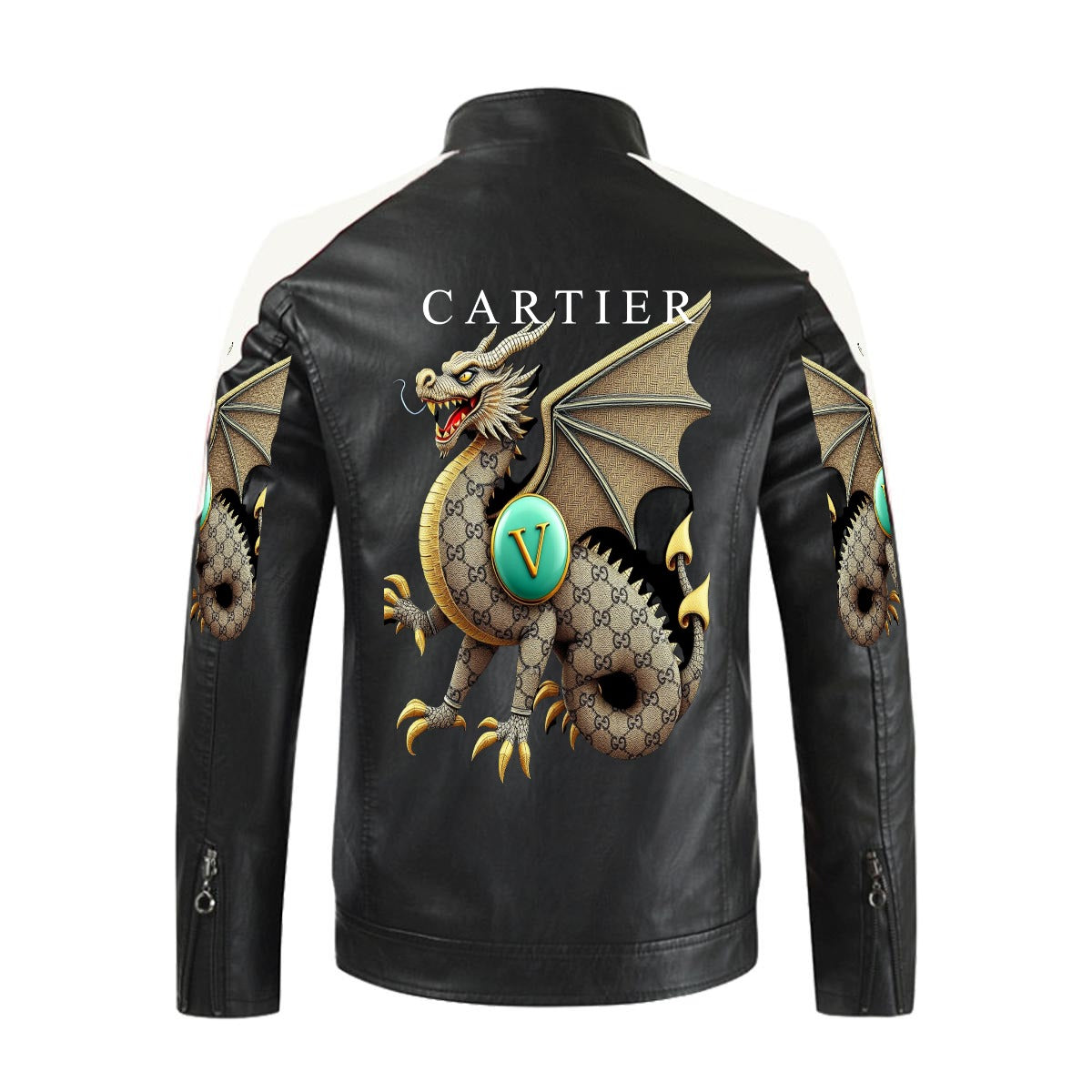 VL Cartier Men's Stand-up Collar PU Leather Jacket with DTF Print