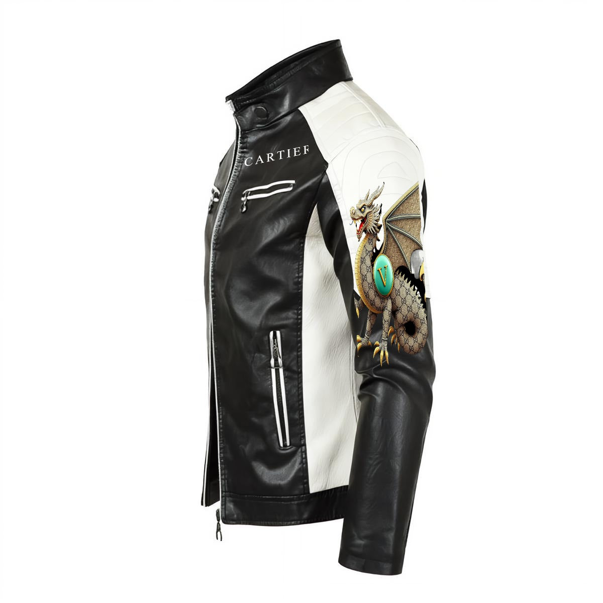 VL Cartier Men's Stand-up Collar PU Leather Jacket with DTF Print