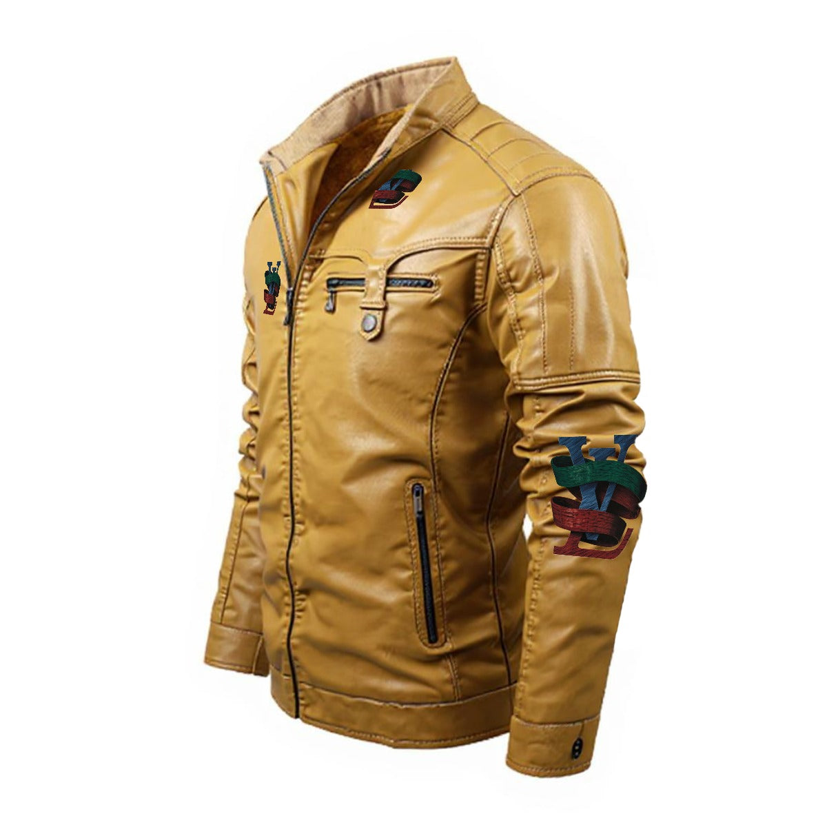 VL by Cartier Men's PU Leather Jacket with Fleece Lining - Zip Closure, Hip Length, DTF Print