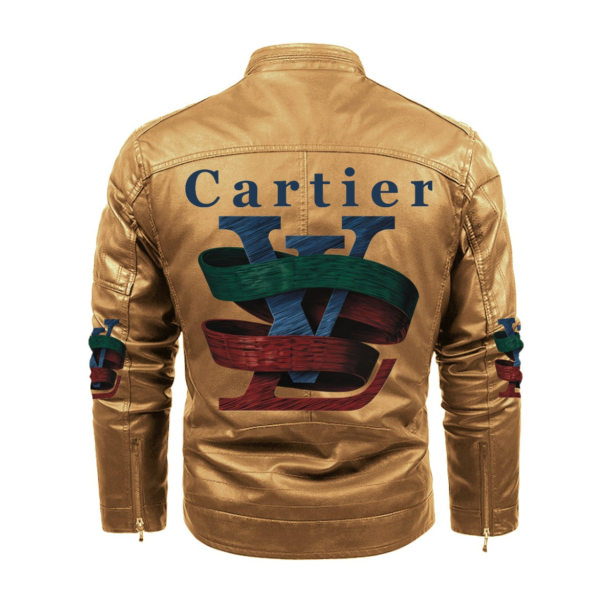 VL by Cartier Men's PU Leather Jacket with Fleece Lining - Zip Closure, Hip Length, DTF Print