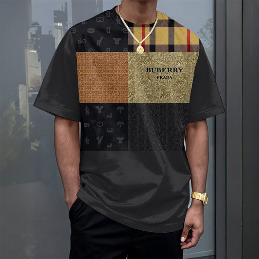 BuBerry Prada Drop Shoulder T-Shirt Streetwear Tee for Men Women Casual Loose Fit Cotton Feel