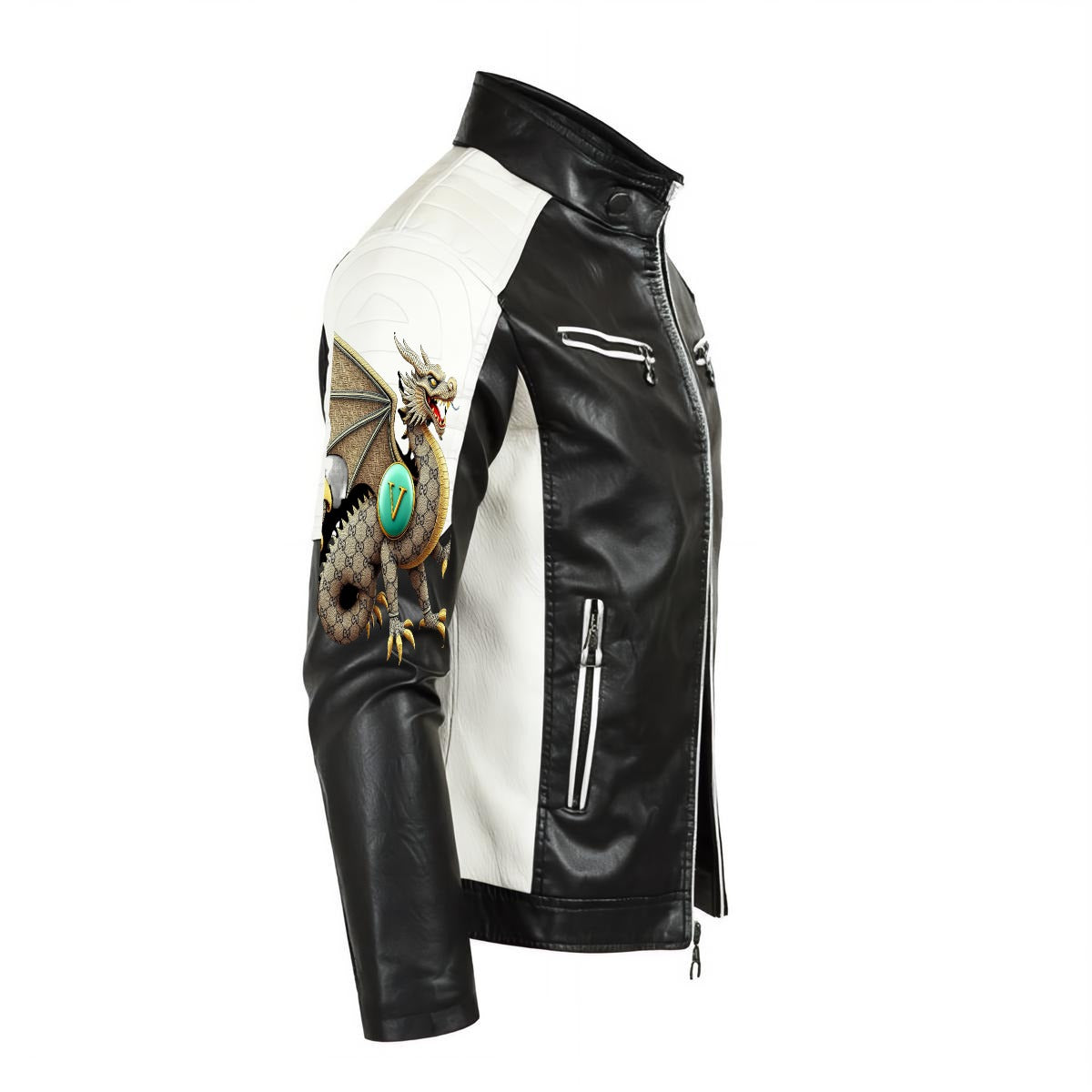 VL Cartier Men's Stand-up Collar PU Leather Jacket with DTF Print