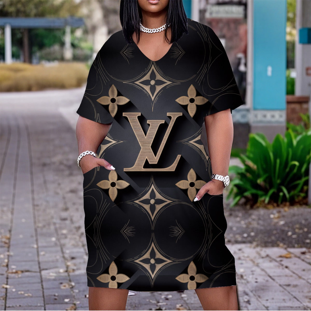 VL By Carti Women'S V Neck Short Sleeve Dress Plus Size