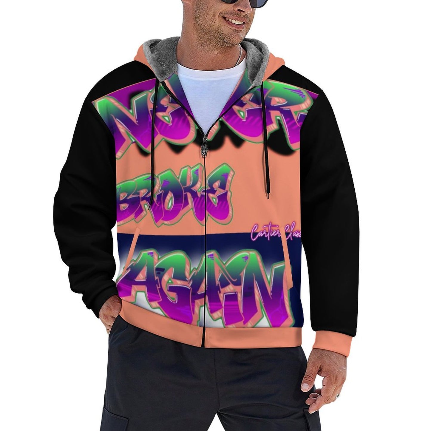 Never Broke Again BY Carti Full Zip up Hoodie with Plush Lining WZIP (All-Over Printing)