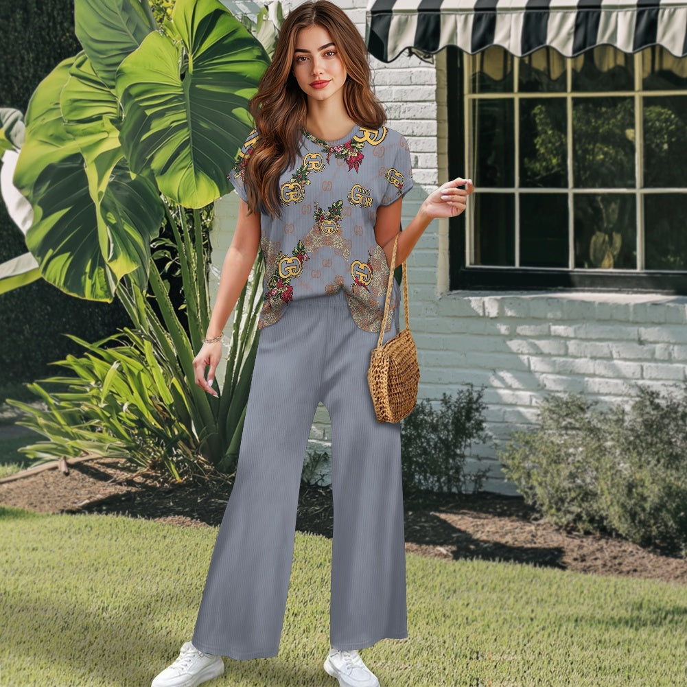 Short-sleeved casual wide-leg pants suit