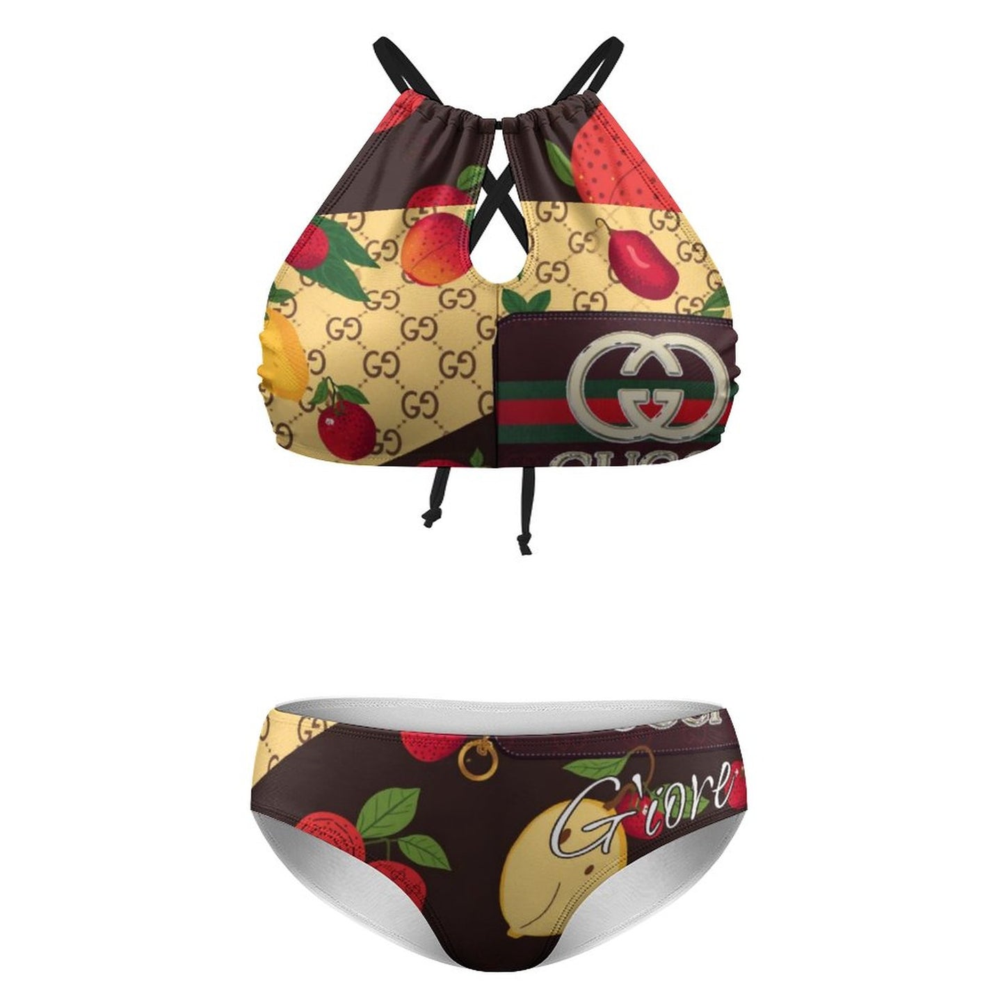 Plus Size Women's Two piece Swimsuit with High Neck Halter Top BK2040 (All-Over Printing)