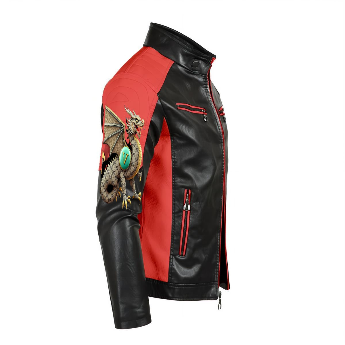 VL Cartier Men's Stand-up Collar PU Leather Jacket with DTF Print