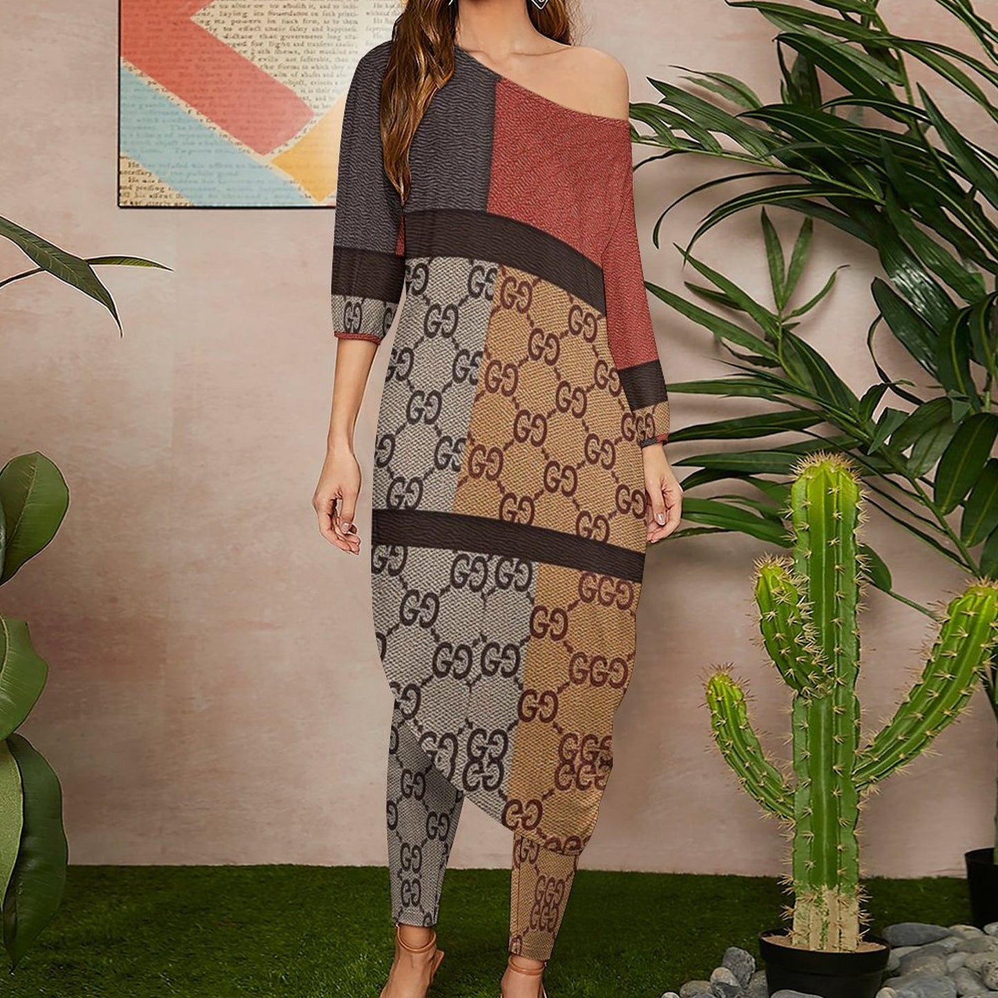 Diagonal Shoulder Two Piece Set(All-Over Printing)