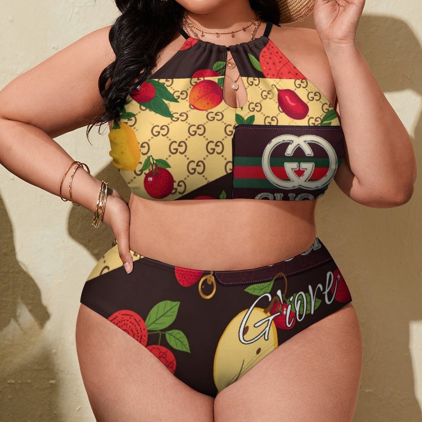 Plus Size Women's Two piece Swimsuit with High Neck Halter Top BK2040 (All-Over Printing)