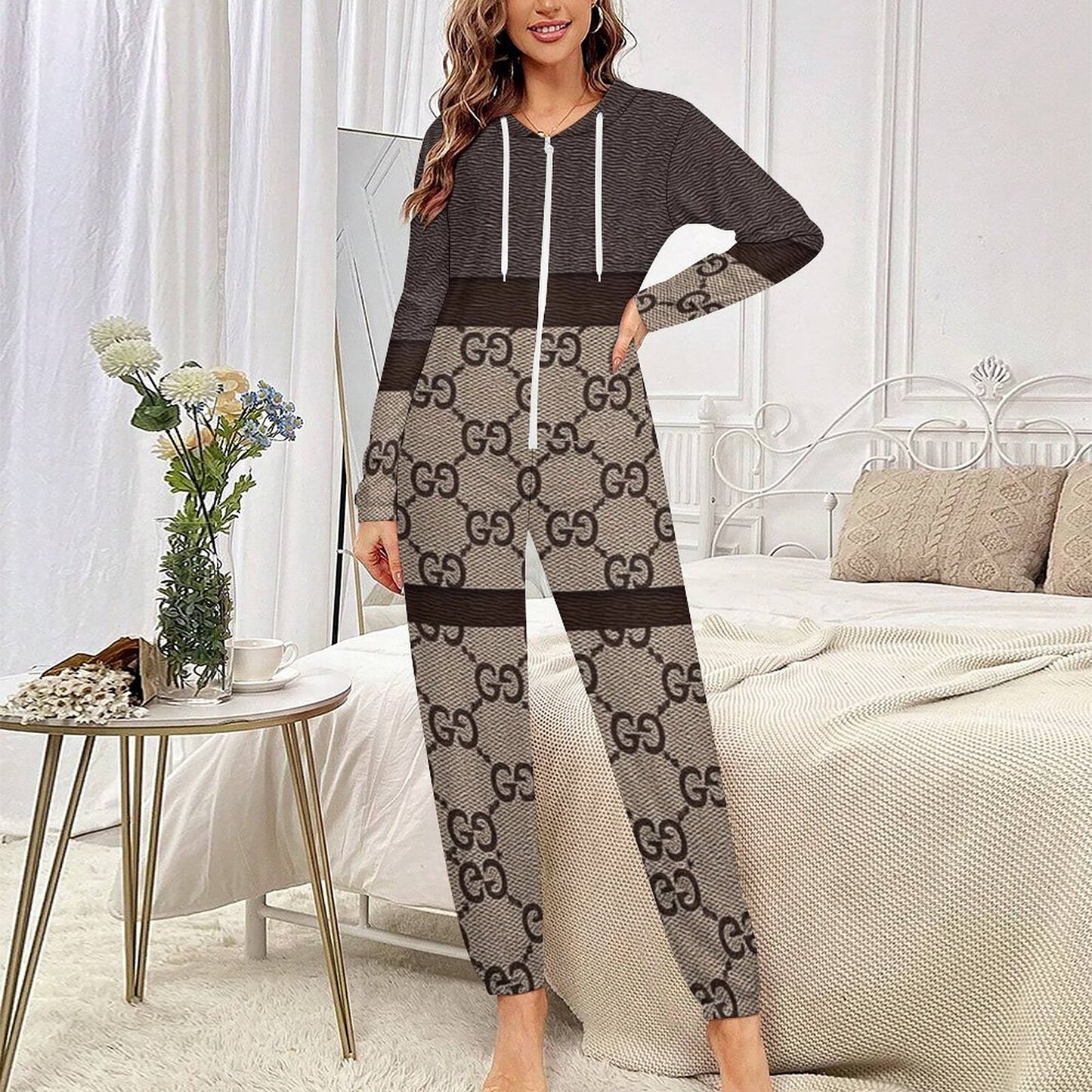 170gsm Faux Cotton Women Zip up Jumpsuit Pajama (All-Over Printing)