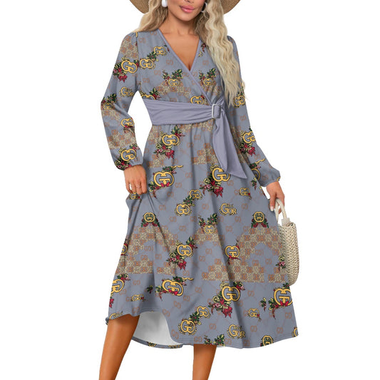 G'iore V-Neck Long Sleeve Tie Waist Midi Dress