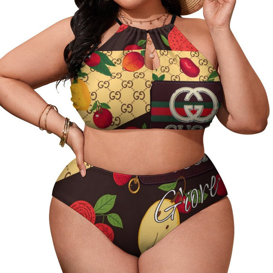 Plus Size Women's Two piece Swimsuit with High Neck Halter Top BK2040 (All-Over Printing)