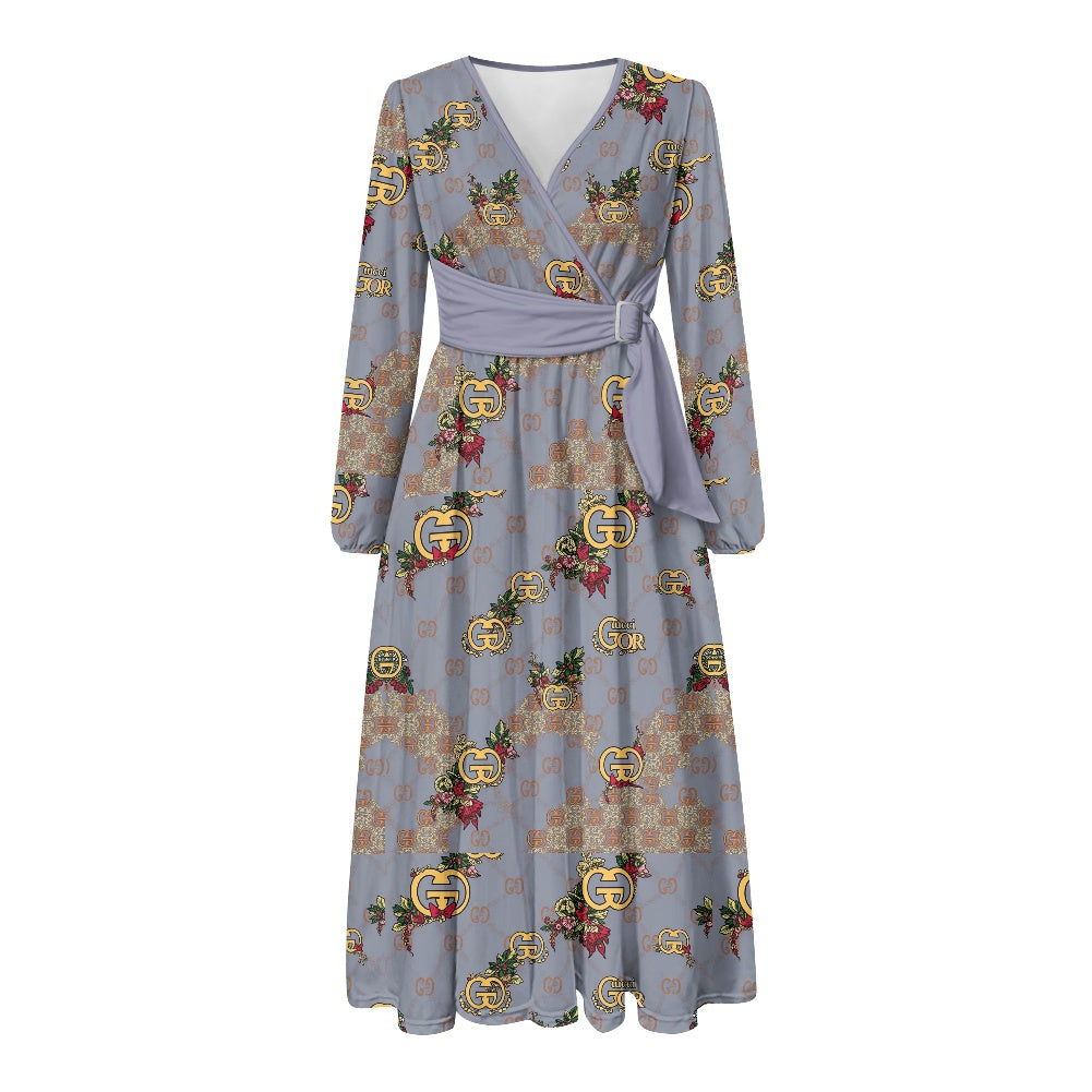 G'iore V-Neck Long Sleeve Tie Waist Midi Dress