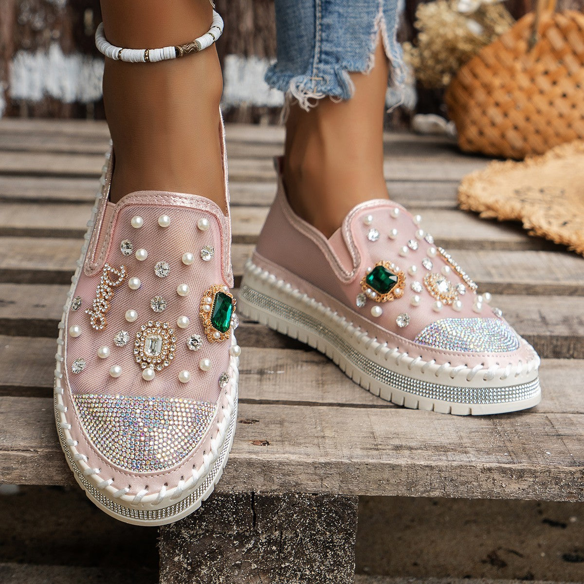 Platform Loafers Women&#039;s Spring And Summer New Mesh Women&#039;s Shoes Breathable Mesh Rhinestone Pedal Lazy Shoes