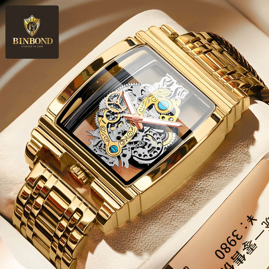 Fashion Wine Barrel Motorcycle Gear Strip Hollow Watch Tourbillon Leather Watch Men&#039;s Personalized Waterproof Luminous