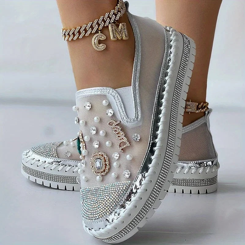 Platform Loafers Women&#039;s Spring And Summer New Mesh Women&#039;s Shoes Breathable Mesh Rhinestone Pedal Lazy Shoes