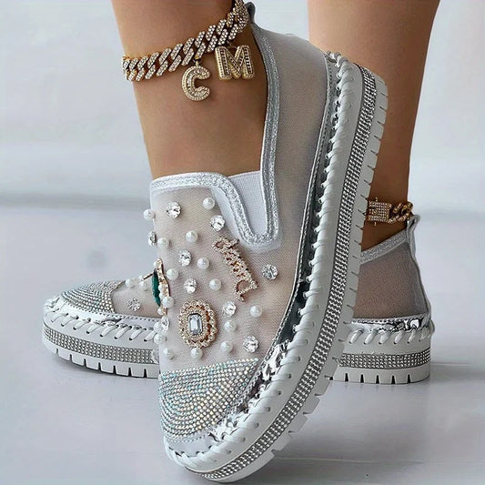 Platform Loafers Women&#039;s Spring And Summer New Mesh Women&#039;s Shoes Breathable Mesh Rhinestone Pedal Lazy Shoes