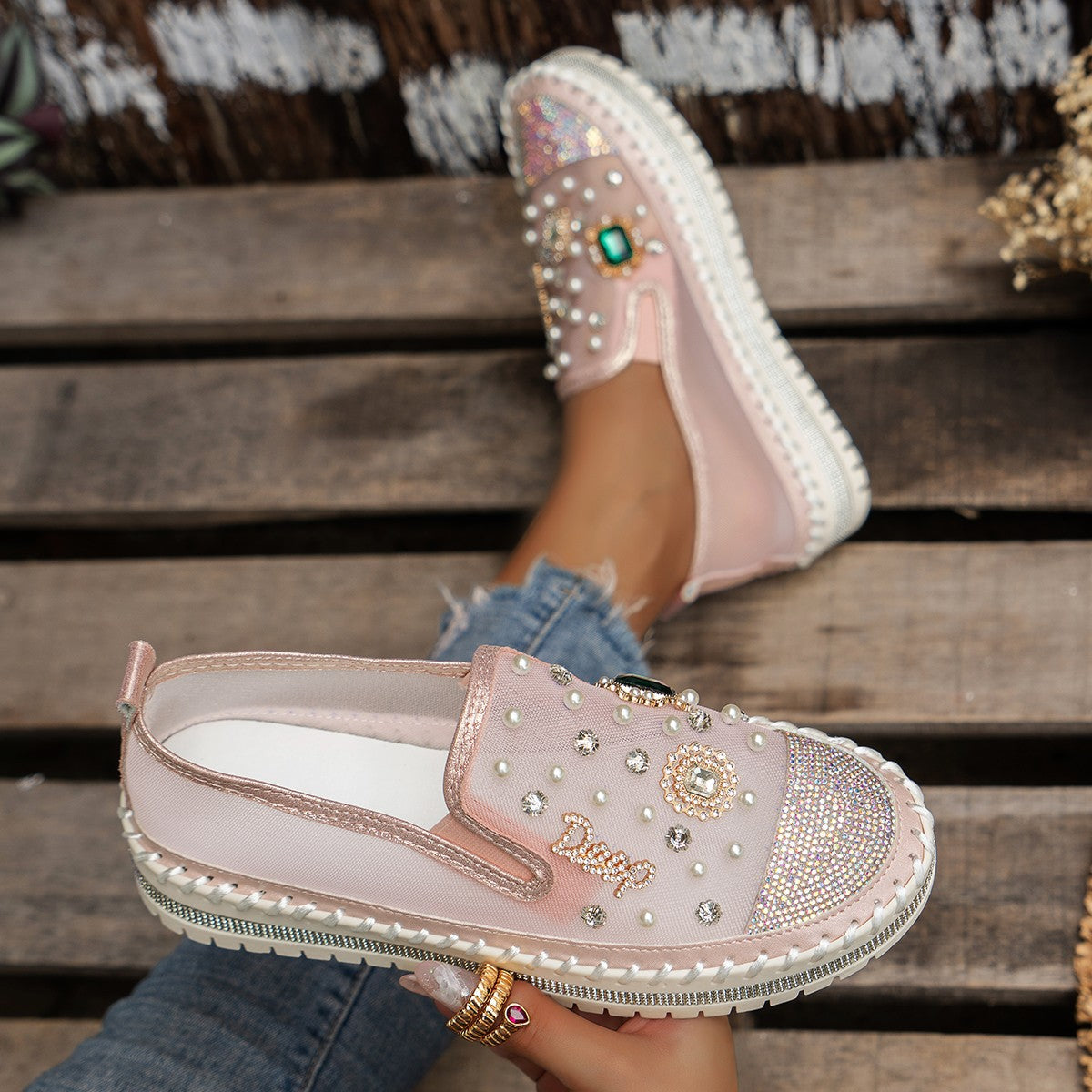 Platform Loafers Women&#039;s Spring And Summer New Mesh Women&#039;s Shoes Breathable Mesh Rhinestone Pedal Lazy Shoes