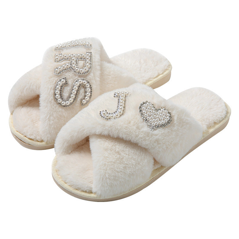 MRS Plush Slippers Women&#039;s Indoor Home Non-slip Cotton Slippers Fleece-lined Thickened Cross Toe Plush Slippers Autumn And Winter