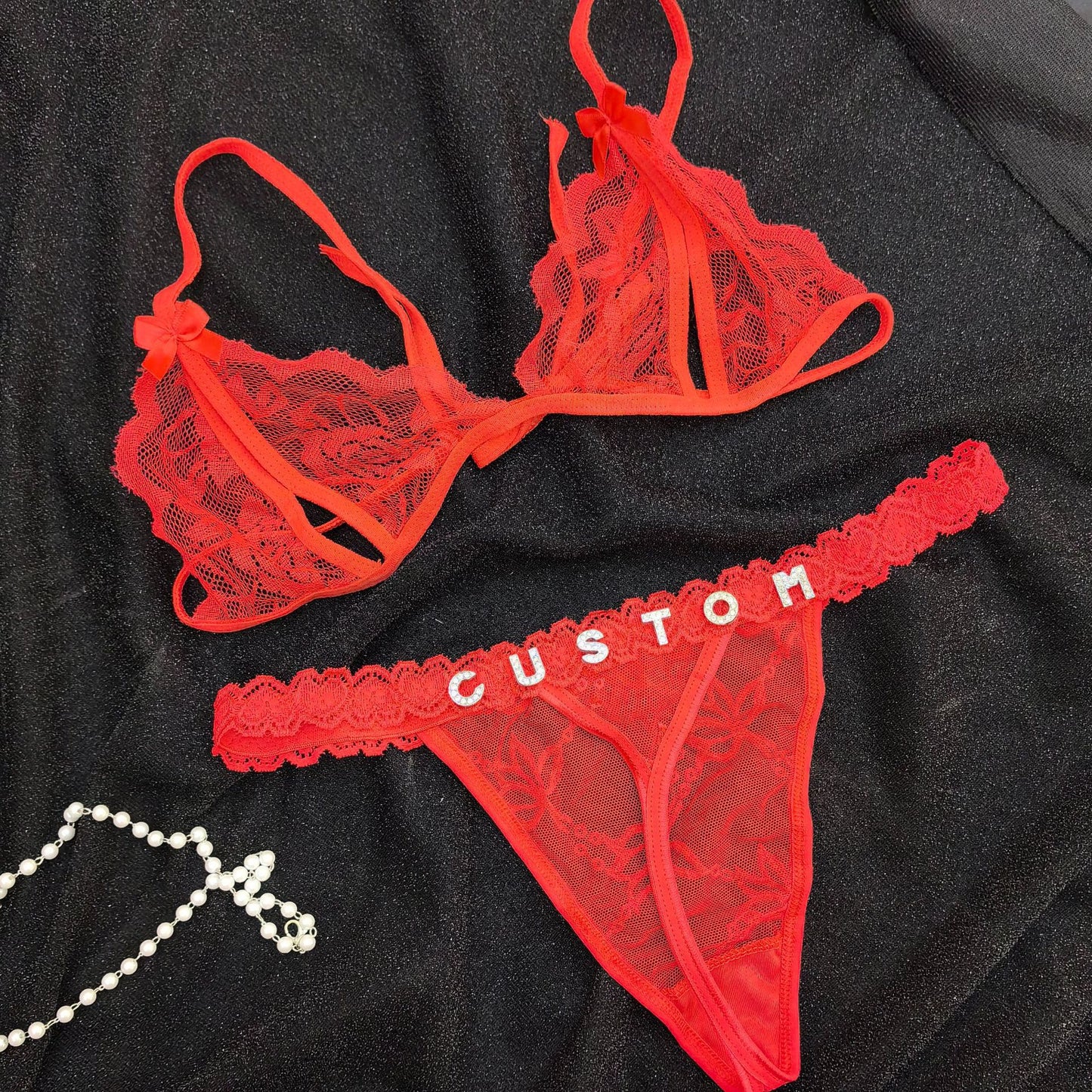 Custom Cross-border DIY Lace Transparent Underwear Sexy T Pants Suit Rhinestone Letters Full Lace Thong