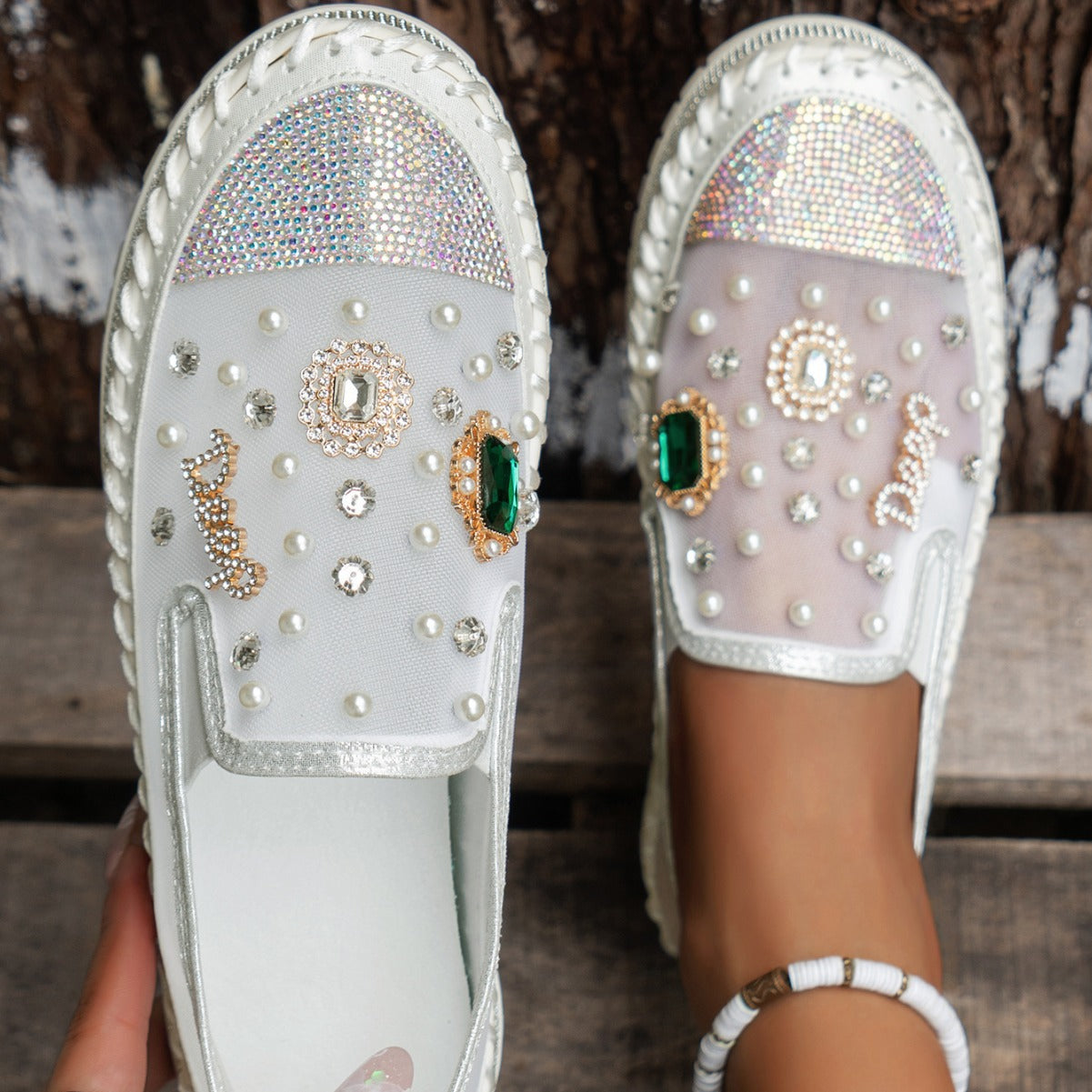 Platform Loafers Women&#039;s Spring And Summer New Mesh Women&#039;s Shoes Breathable Mesh Rhinestone Pedal Lazy Shoes