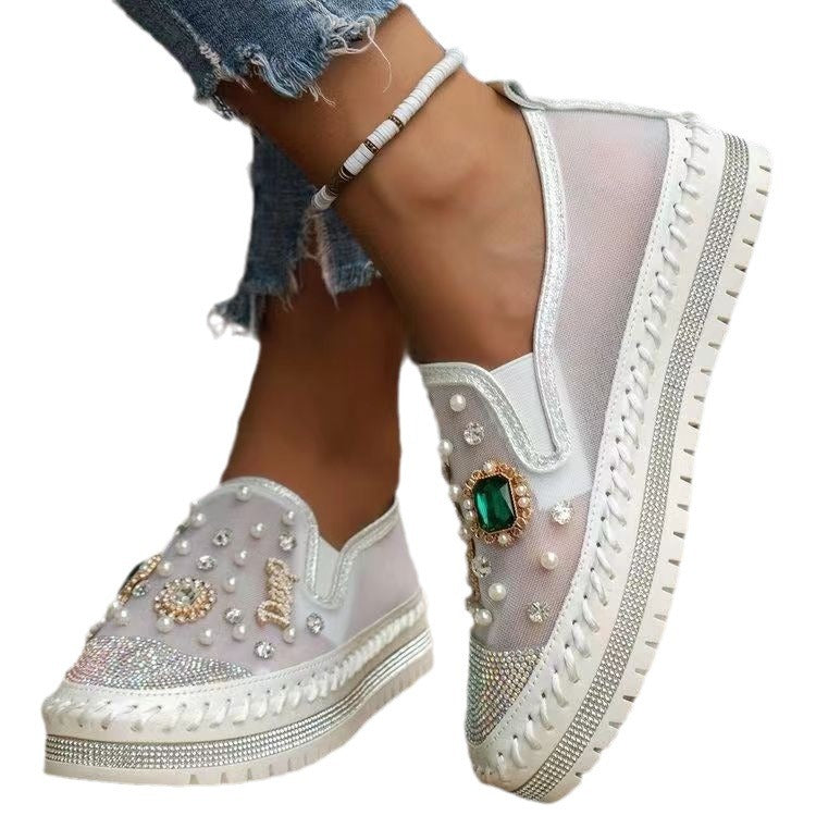 Platform Loafers Women&#039;s Spring And Summer New Mesh Women&#039;s Shoes Breathable Mesh Rhinestone Pedal Lazy Shoes