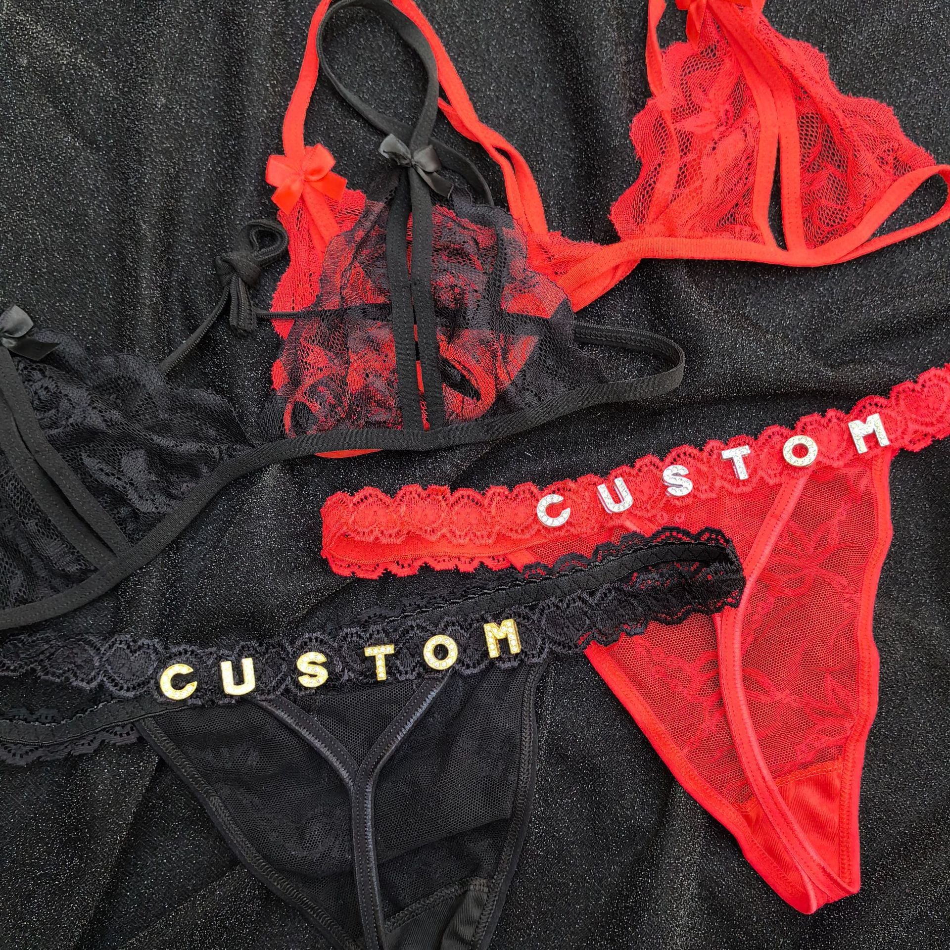 Custom Cross-border DIY Lace Transparent Underwear Sexy T Pants Suit Rhinestone Letters Full Lace Thong