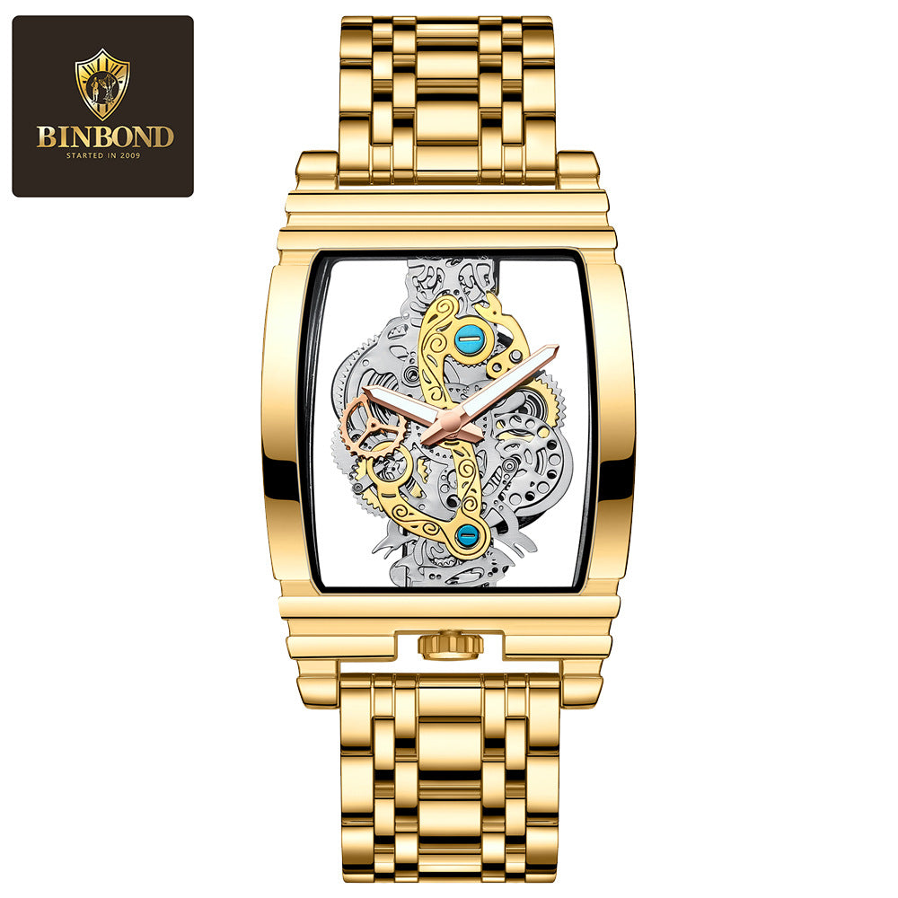 Fashion Wine Barrel Motorcycle Gear Strip Hollow Watch Tourbillon Leather Watch Men&#039;s Personalized Waterproof Luminous