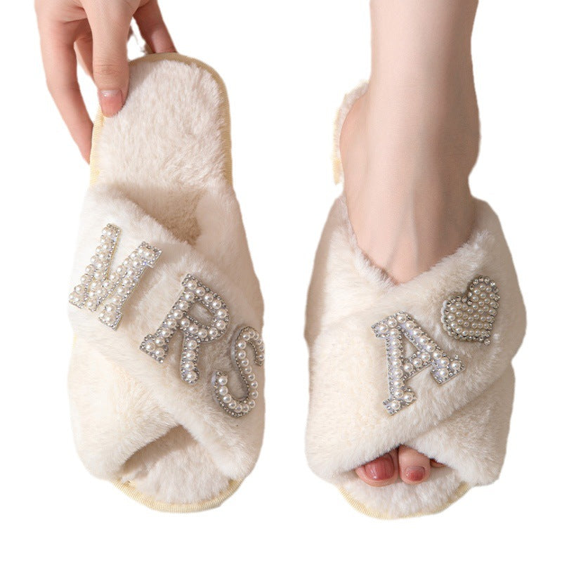 MRS Plush Slippers Women&#039;s Indoor Home Non-slip Cotton Slippers Fleece-lined Thickened Cross Toe Plush Slippers Autumn And Winter
