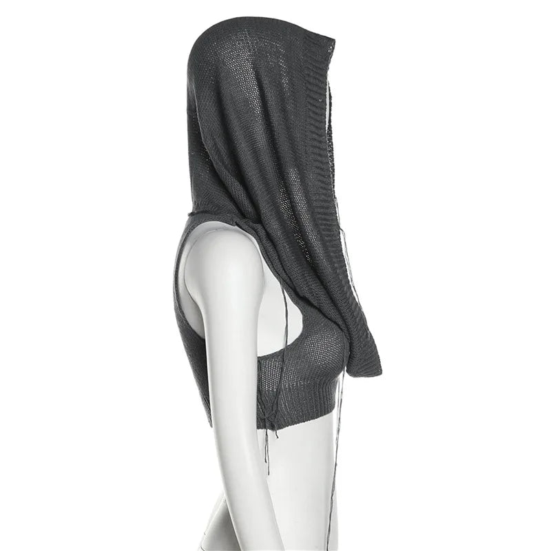 Women's Summer New Hooded Sleeveless Open Navel Knitted Tops Fashion Streetwear Solid Color Sweater Pullovers Short T Shirts