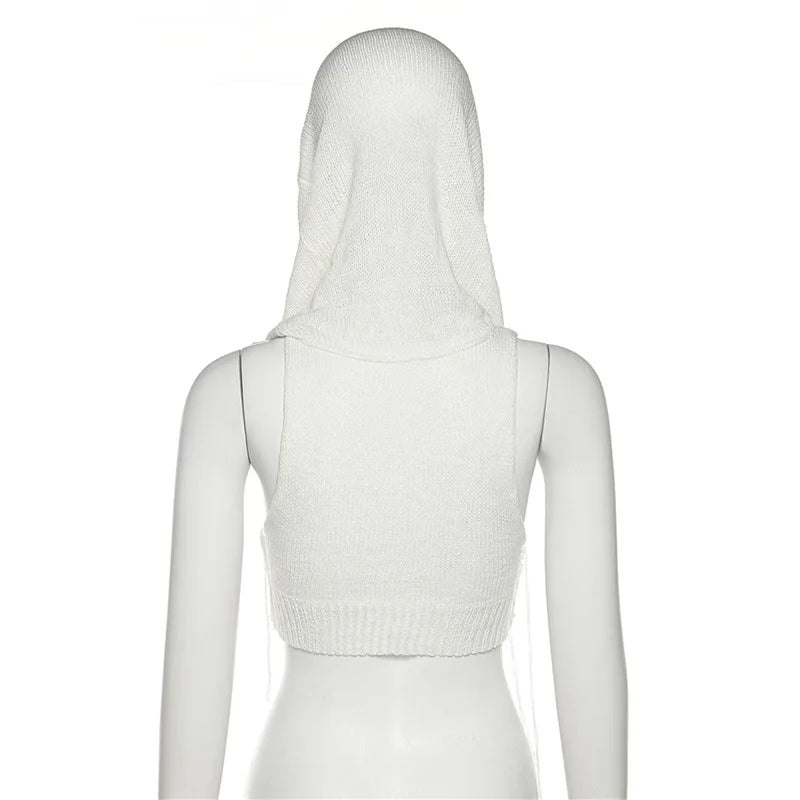 Women's Summer New Hooded Sleeveless Open Navel Knitted Tops Fashion Streetwear Solid Color Sweater Pullovers Short T Shirts