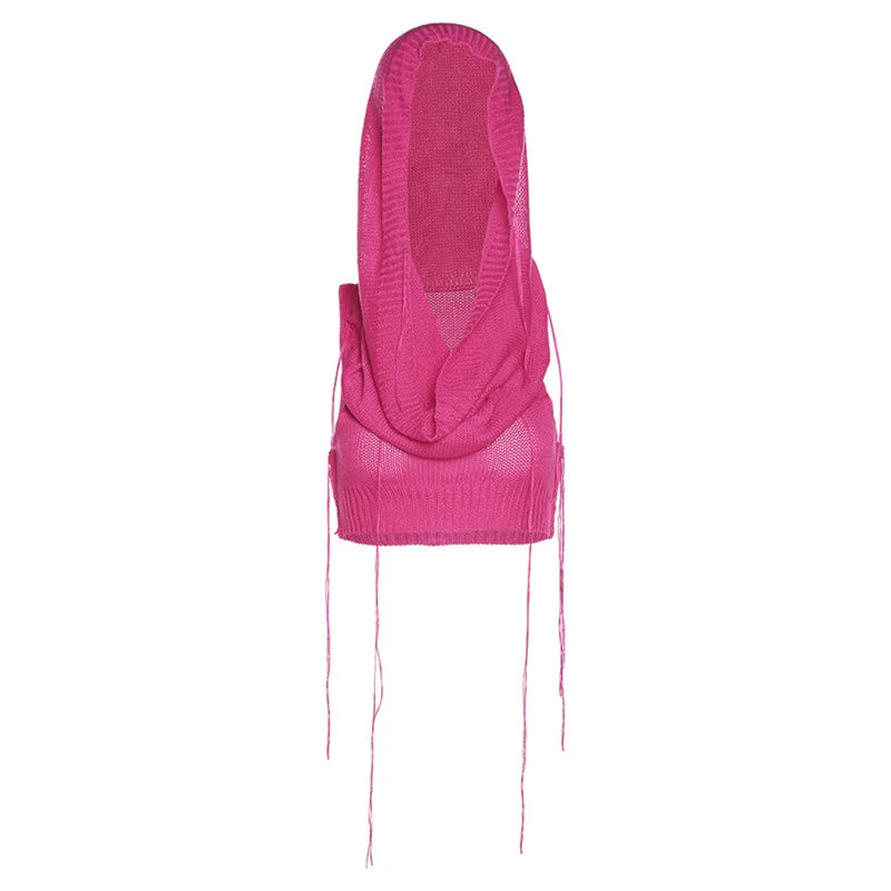 Women's Summer New Hooded Sleeveless Open Navel Knitted Tops Fashion Streetwear Solid Color Sweater Pullovers Short T Shirts