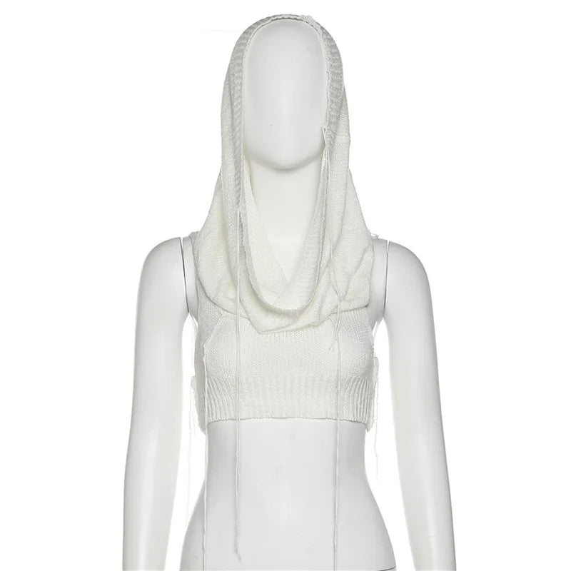 Women's Summer New Hooded Sleeveless Open Navel Knitted Tops Fashion Streetwear Solid Color Sweater Pullovers Short T Shirts