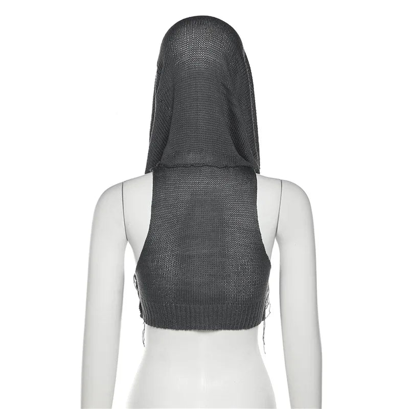 Women's Summer New Hooded Sleeveless Open Navel Knitted Tops Fashion Streetwear Solid Color Sweater Pullovers Short T Shirts