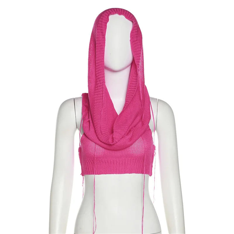 Women's Summer New Hooded Sleeveless Open Navel Knitted Tops Fashion Streetwear Solid Color Sweater Pullovers Short T Shirts