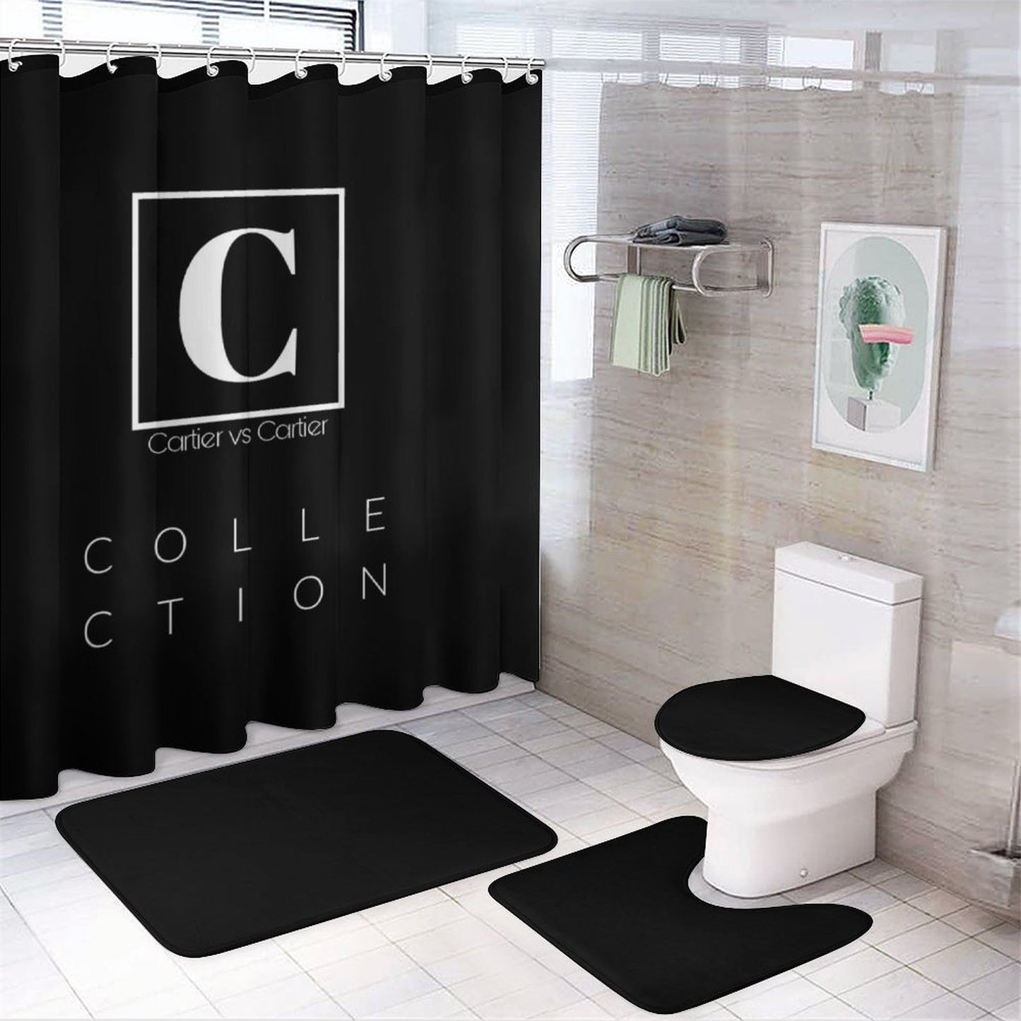 Shower Curtain Set with 3 Rugs