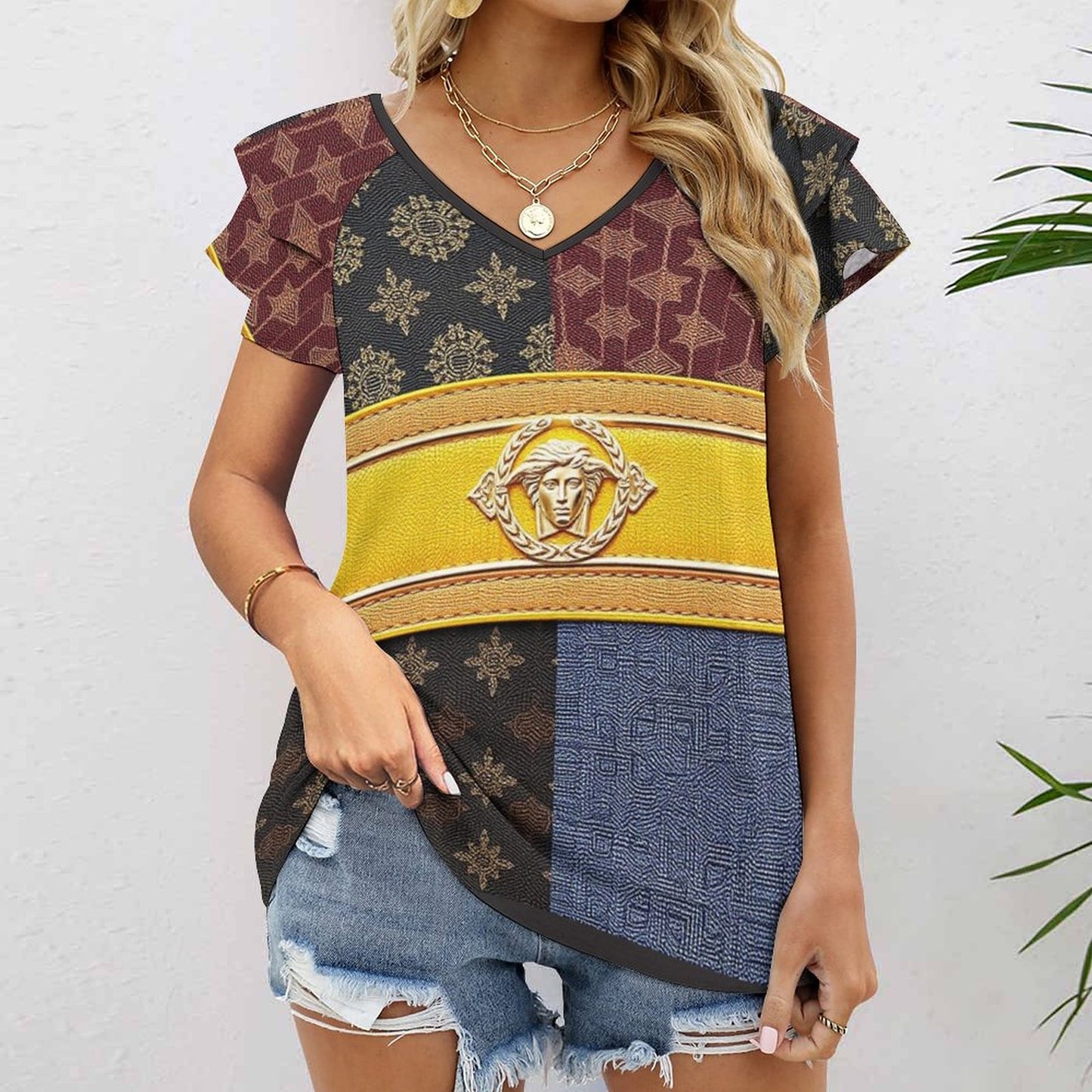 Cartier Versus Cooling Ice Silk Ruffle V-Neck T-Shirt
