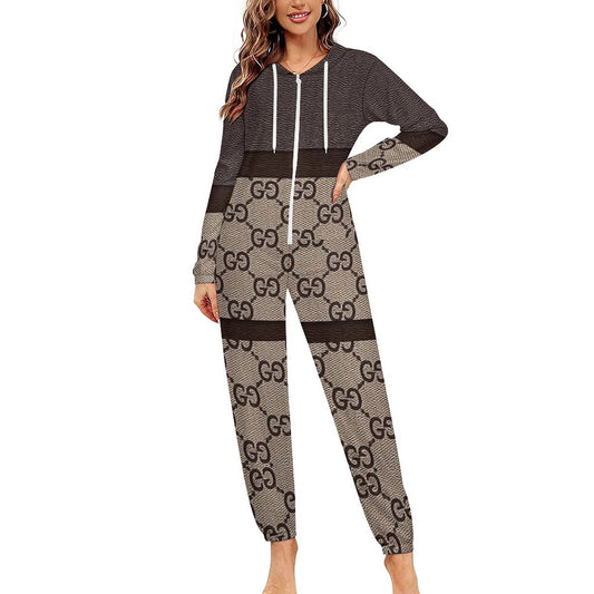 170gsm Faux Cotton Women Zip up Jumpsuit Pajama (All-Over Printing)